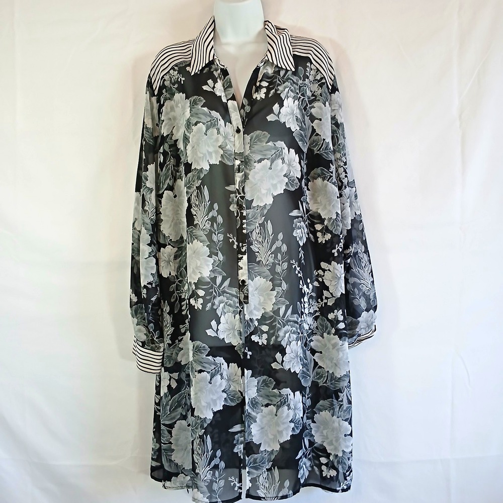 INC International Concepts shirt dress 3X black white gray floral chiffon sheer
